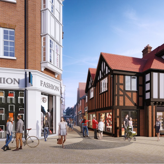 A CGI of the Brightwells Yard. People stroll around the square or sit in restaurants under umbrellas all surrounded by trees. 